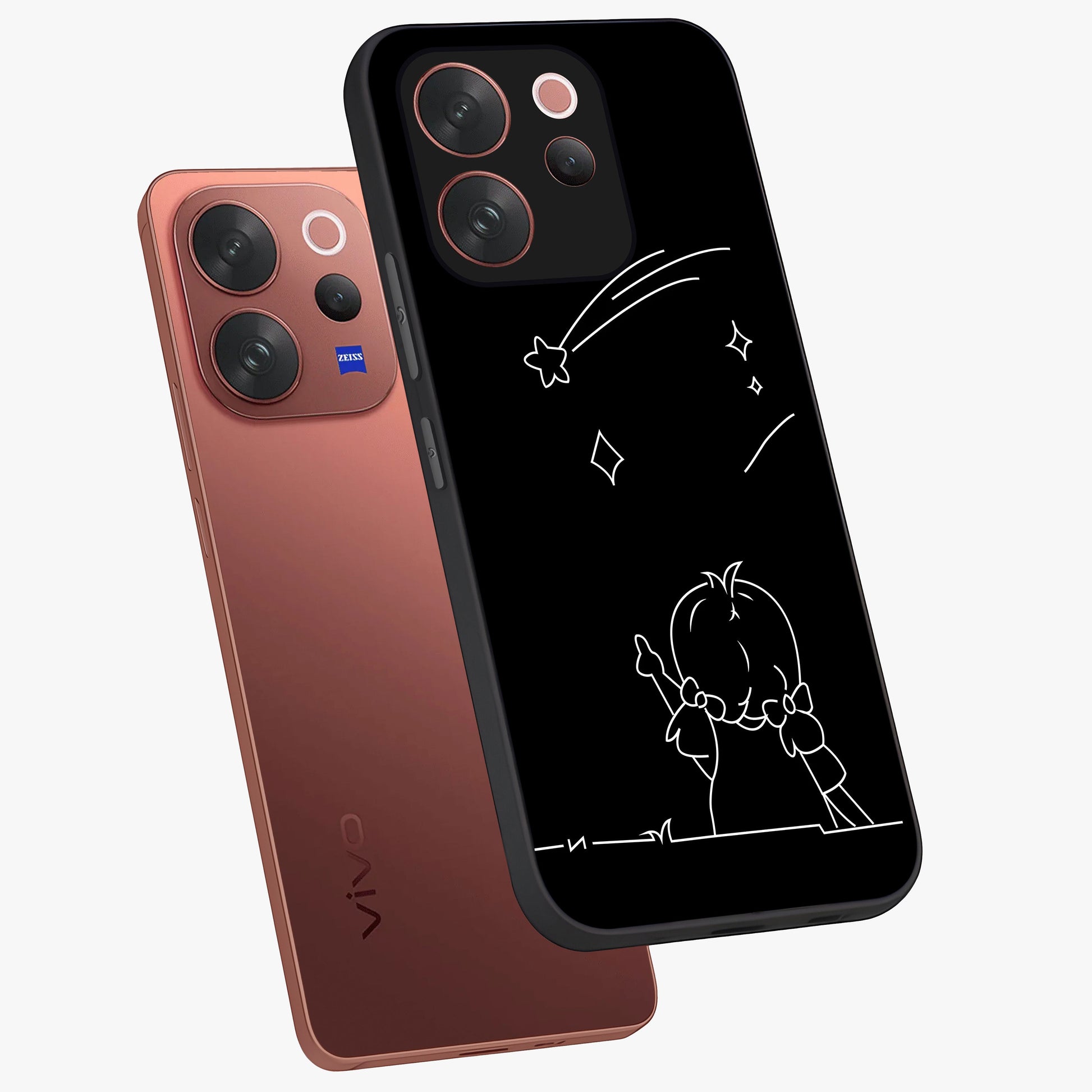 Line Art Girl With Shooting Stars Glass Case displayed in angled mockup highlighting elegant line art design with dreamy star aesthetic.
