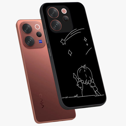 Line Art Girl With Shooting Stars Glass Case displayed in angled mockup highlighting elegant line art design with dreamy star aesthetic.