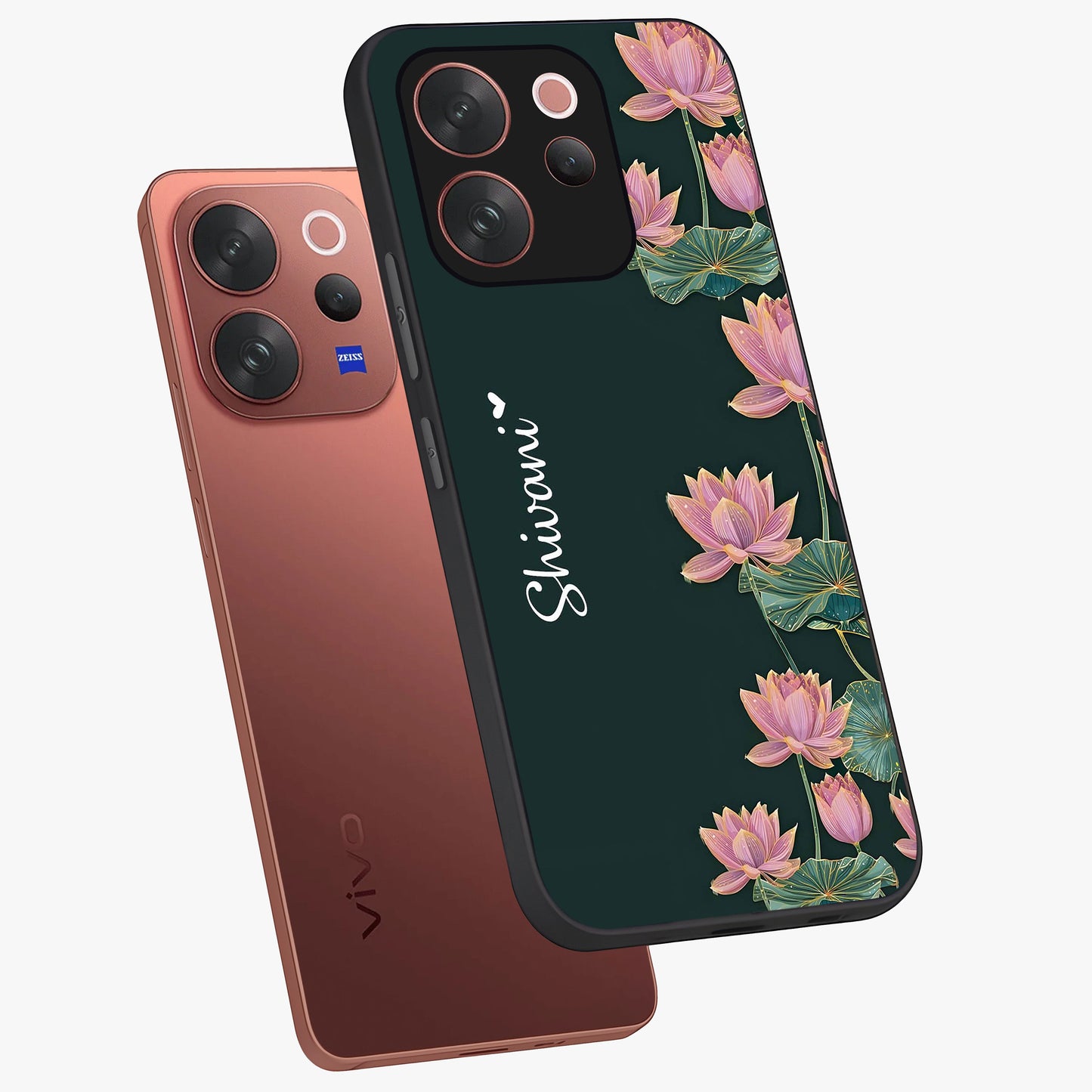 Lotus Bloom Serenity Custom Name Glass Case displayed in angled mockup highlighting graceful lotus illustration with custom name feature.
