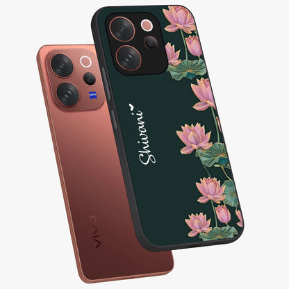 Lotus Bloom Serenity Custom Name Glass Case displayed in angled mockup highlighting graceful lotus illustration with custom name feature.
