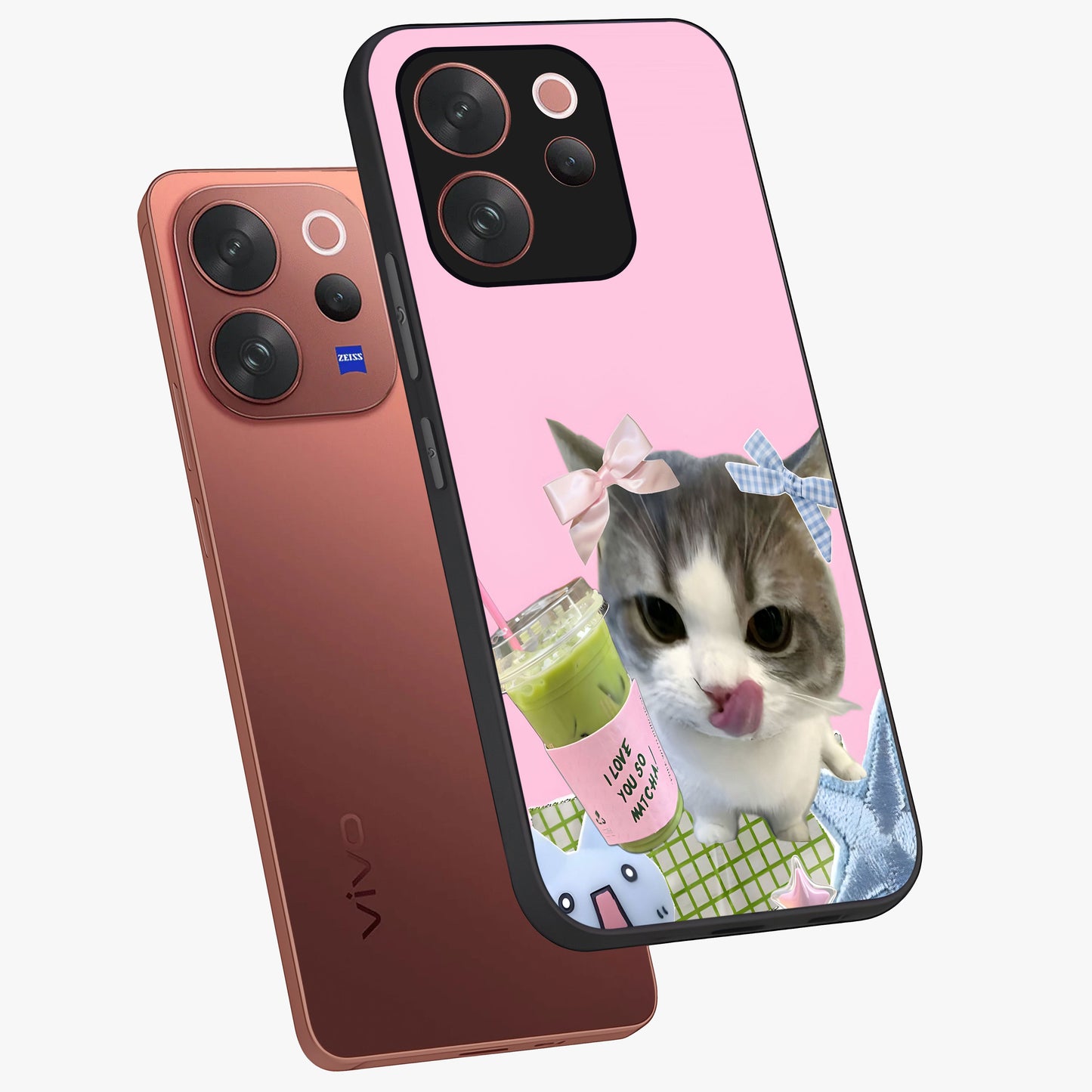 Love Matcha Cat Glass Case displayed in angled mockup highlighting playful feline illustration with cozy matcha aesthetic.