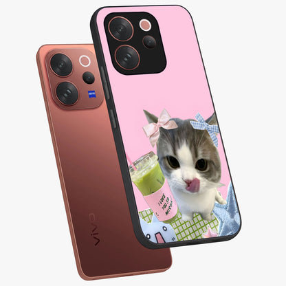 Love Matcha Cat Glass Case displayed in angled mockup highlighting playful feline illustration with cozy matcha aesthetic.