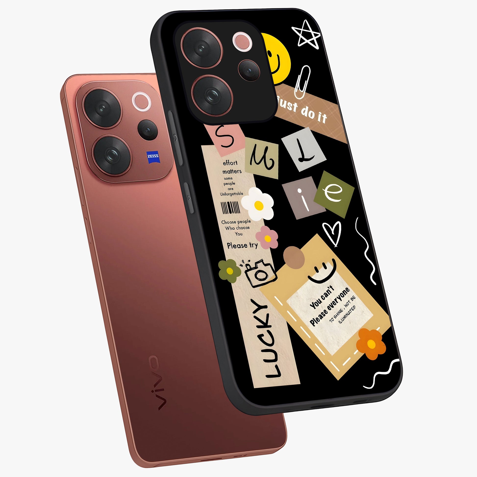 Lucky Aesthetic Collage Glass Case displayed in angled mockup highlighting stylish collage pattern with modern aesthetic vibe.