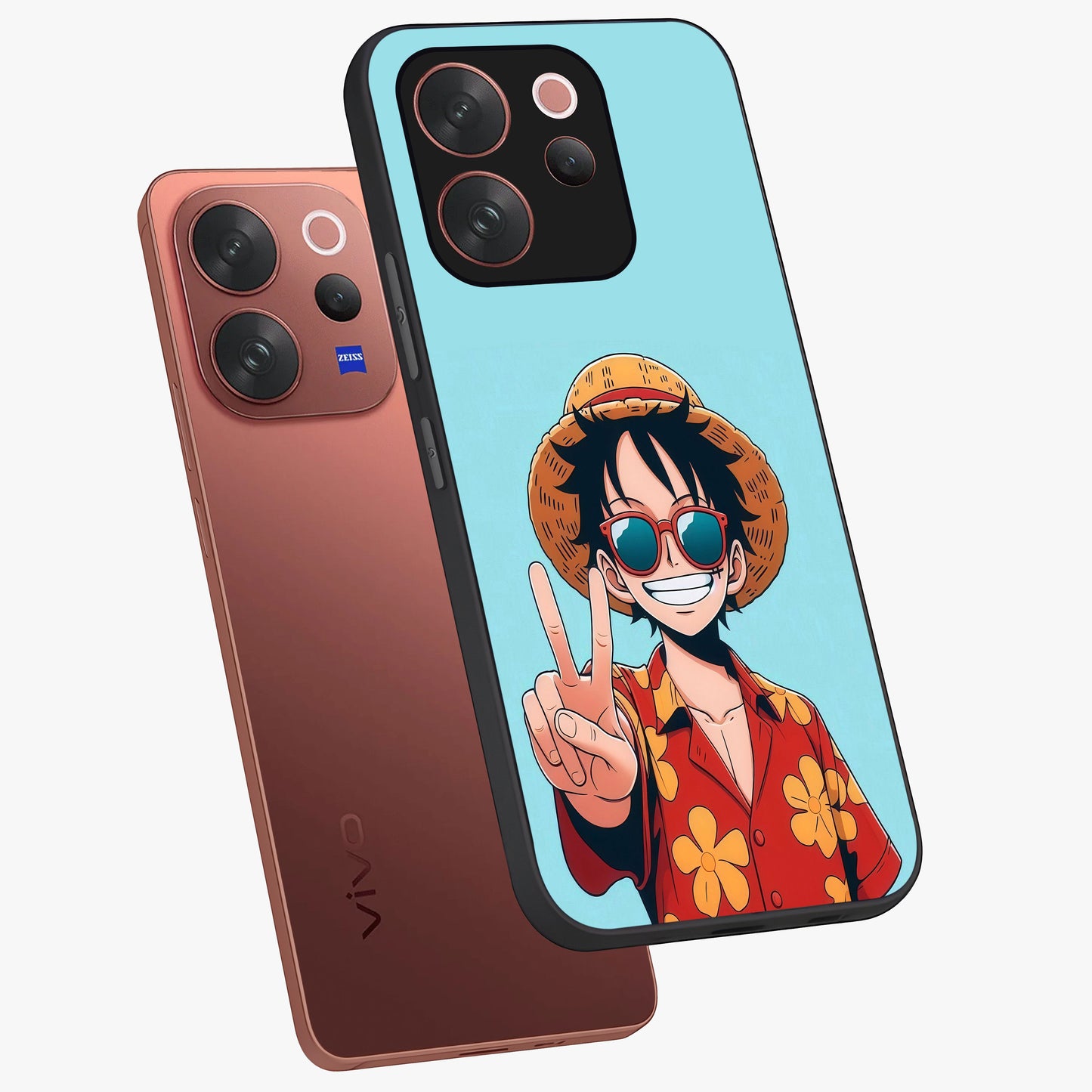 Luffy Summer Anime Vibe Glass Case displayed in angled mockup highlighting energetic anime illustration with summer vibe aesthetic.
