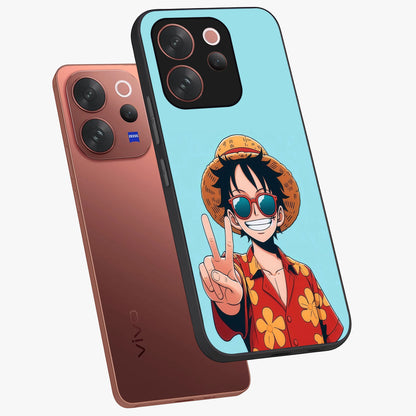 Luffy Summer Anime Vibe Glass Case displayed in angled mockup highlighting energetic anime illustration with summer vibe aesthetic.