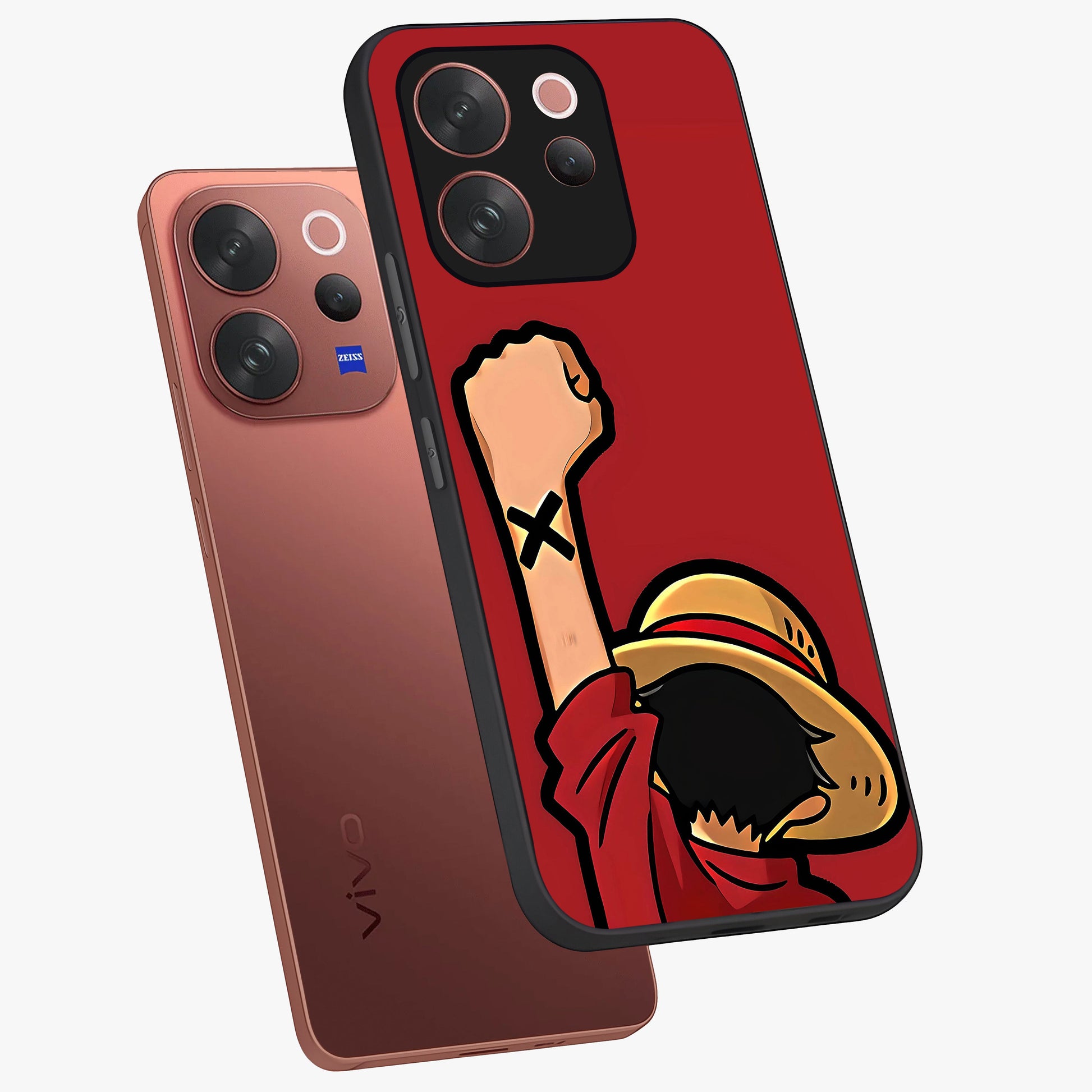 Luffy X Spirit Glass Case displayed in angled mockup highlighting powerful anime design with energetic action aesthetic.