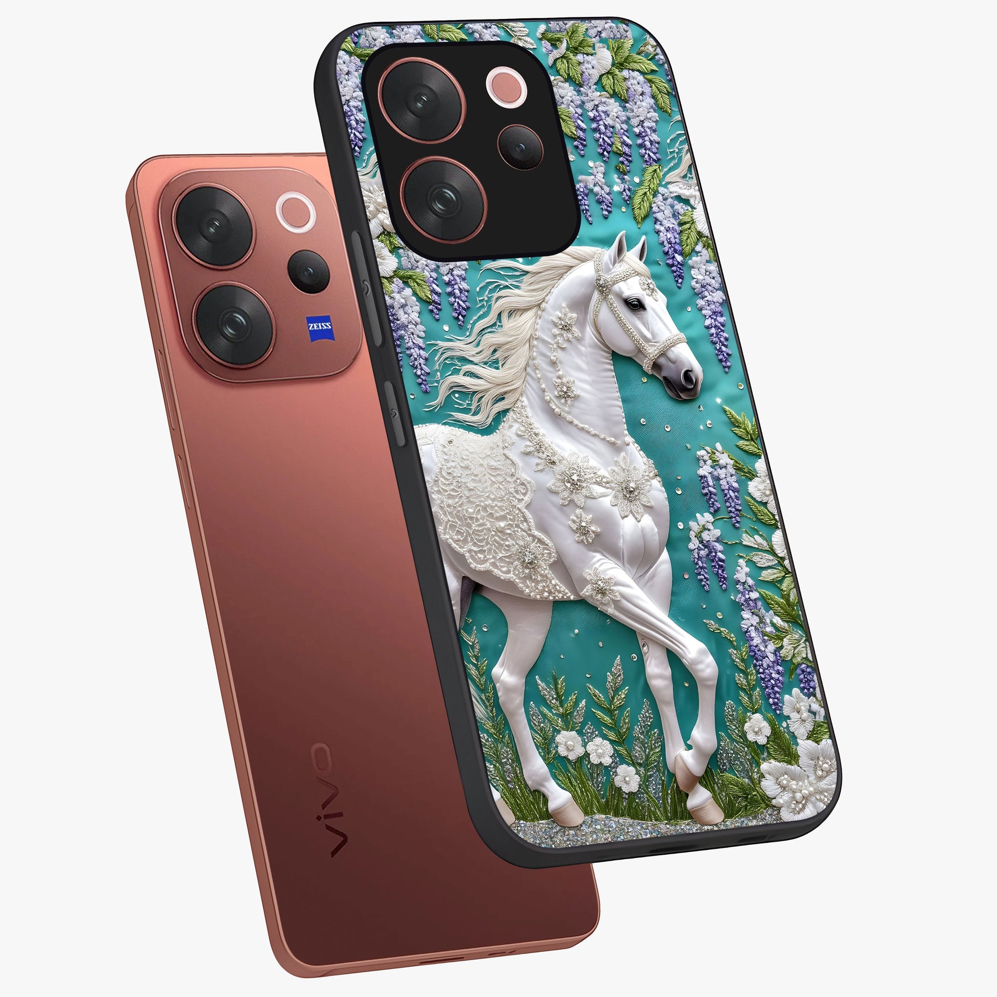 Majestic Floral Stallion Glass Case displayed in angled mockup highlighting majestic stallion illustration with elegant floral aesthetic.