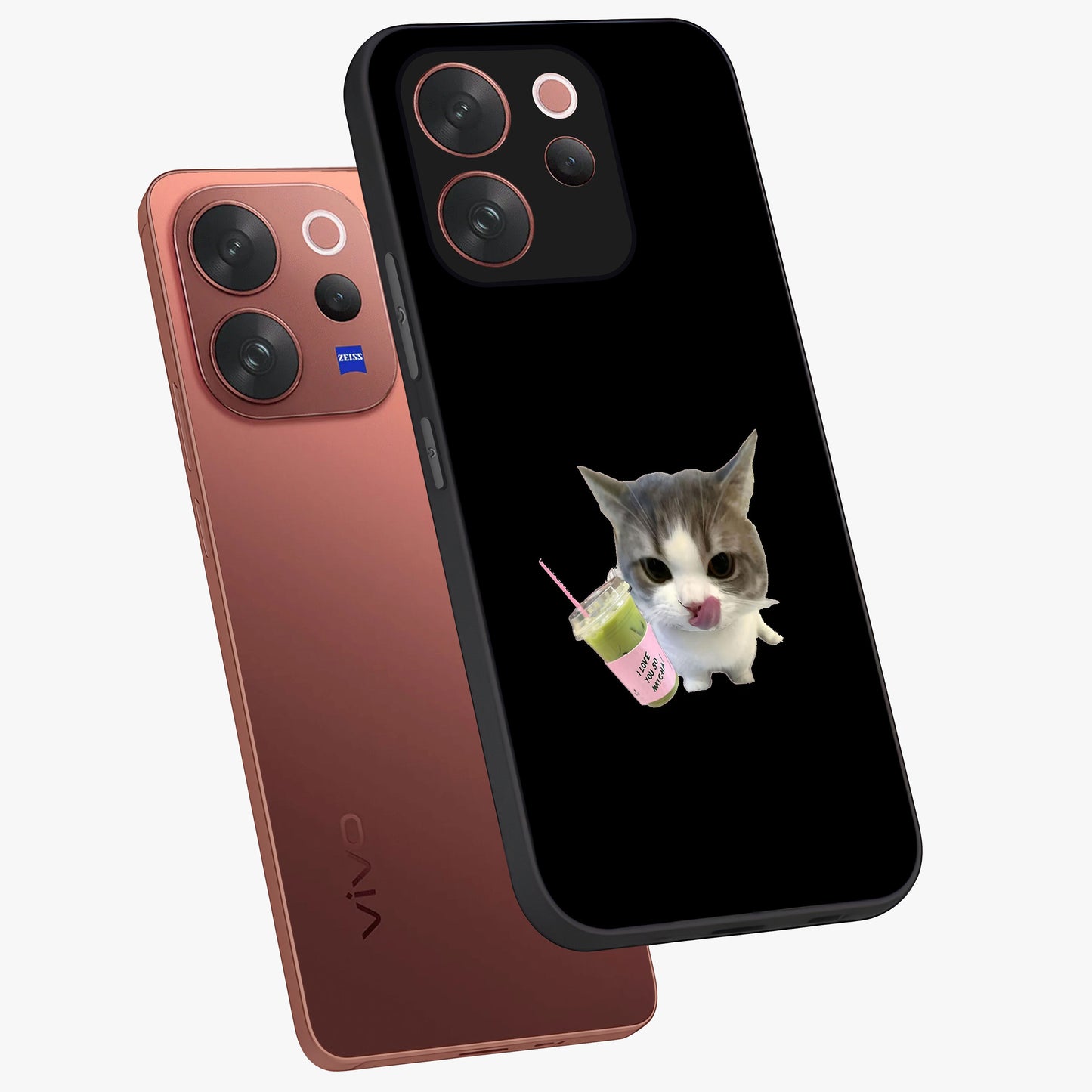 Matcha Cat Style Glass Case displayed in angled mockup highlighting playful feline design with pastel matcha aesthetic.