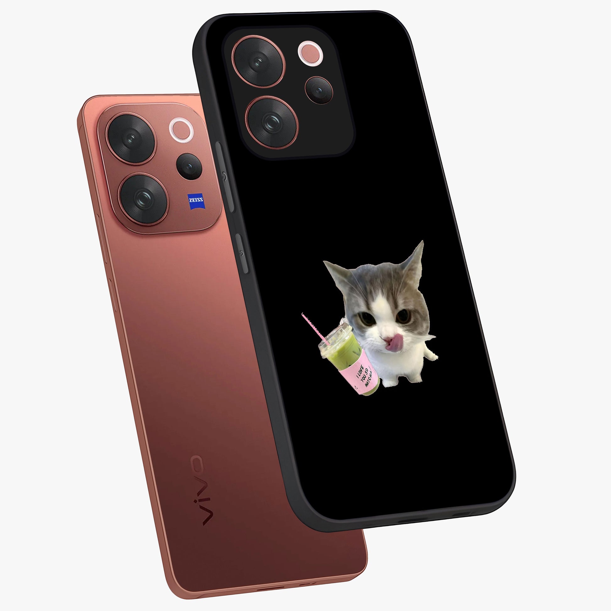 Matcha Cat Style Glass Case displayed in angled mockup highlighting playful feline design with pastel matcha aesthetic.