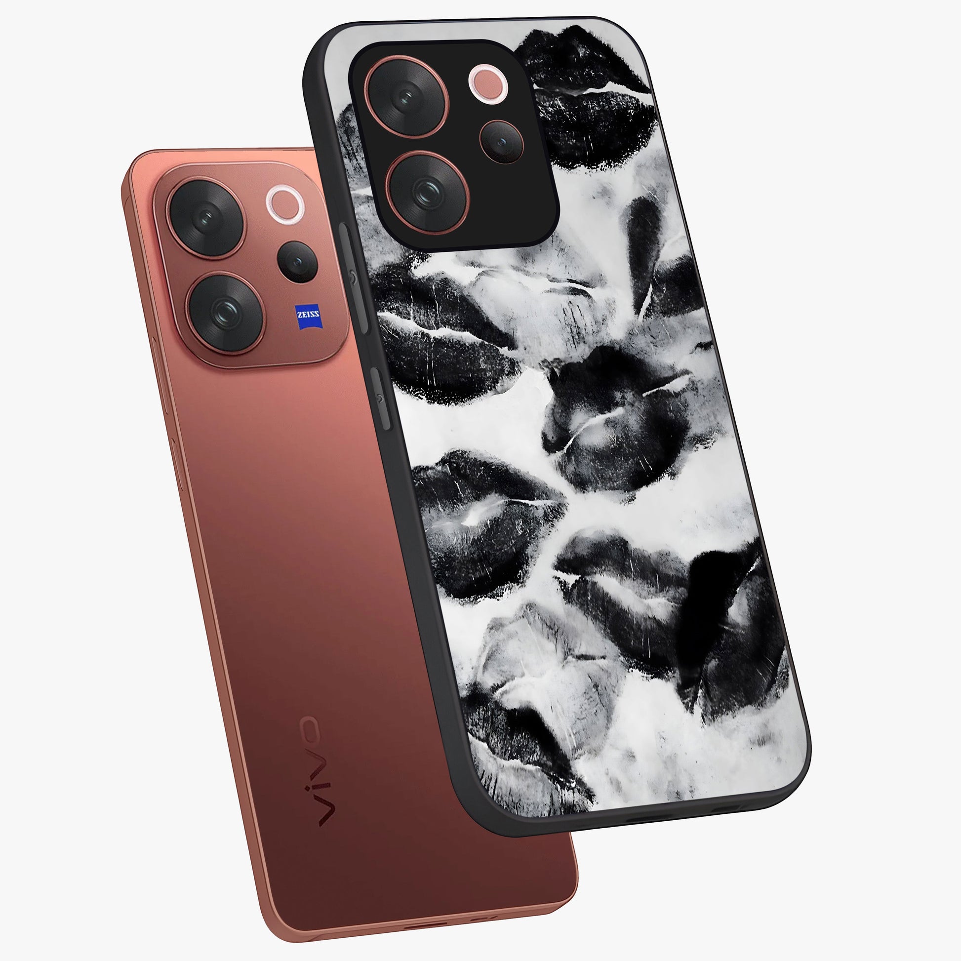 Midnight Kiss Marks Glass Case displayed in angled mockup highlighting playful romantic design with bold midnight aesthetic.