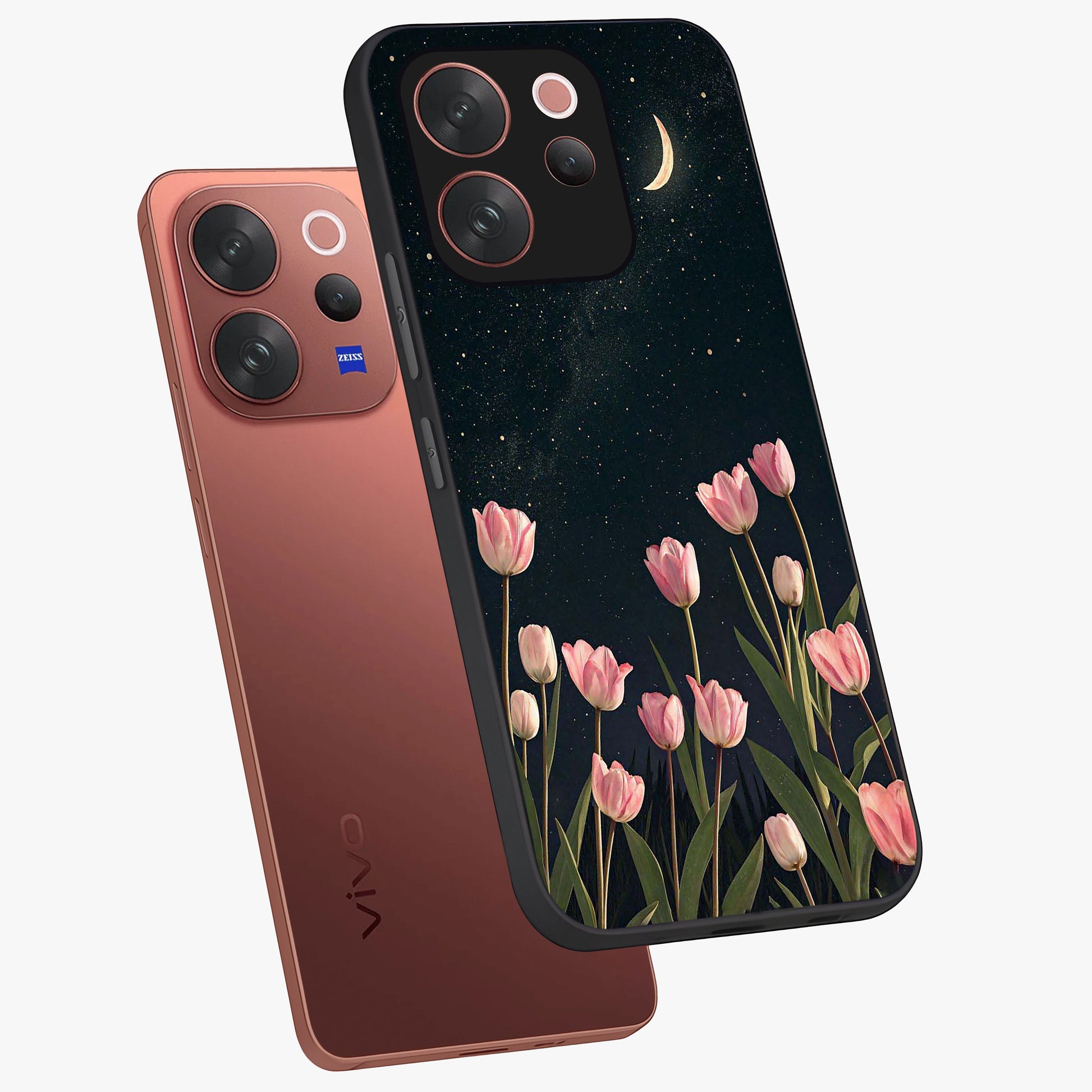 Midnight Tulip Whispers Vibe Glass Case displayed in angled mockup highlighting delicate tulip design with midnight floral aesthetic.