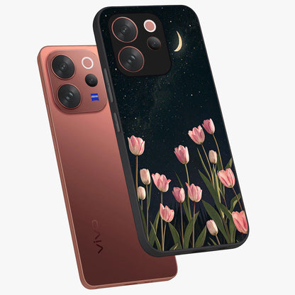 Midnight Tulip Whispers Vibe Glass Case displayed in angled mockup highlighting delicate tulip design with midnight floral aesthetic.