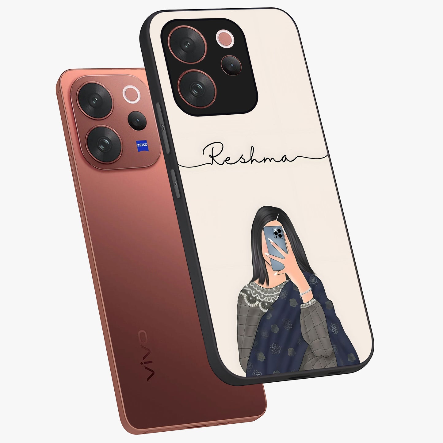 Mirror Mood Muse With Custom Name Glass Case displayed in angled mockup highlighting aesthetic mirror inspired design with custom name feature.