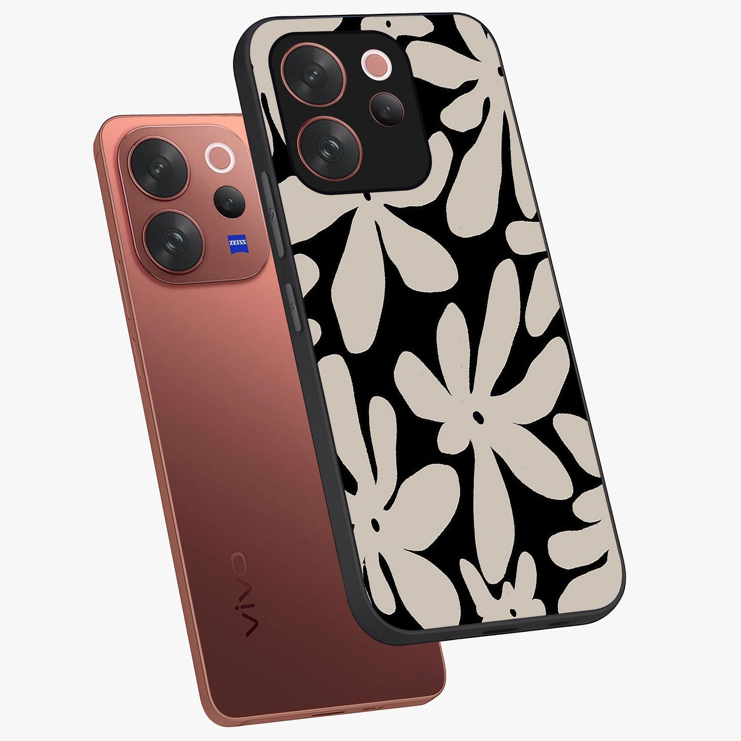 Monochrome Petal Dance Glass Case displayed in angled mockup highlighting elegant petal design with black and white aesthetic.