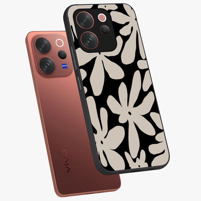 Monochrome Petal Dance Glass Case displayed in angled mockup highlighting elegant petal design with black and white aesthetic.