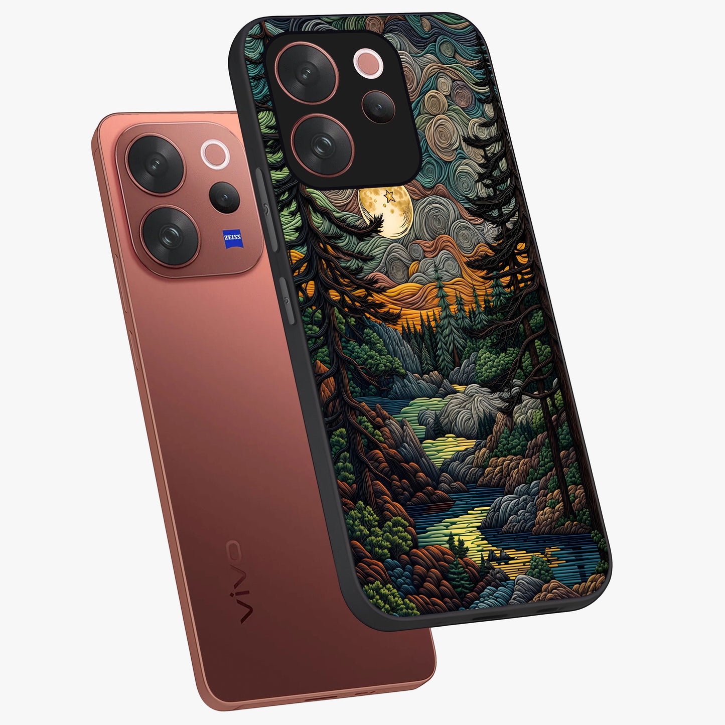 Moonlight Forest Dream Glass Case displayed in angled mockup highlighting dreamy forest design with glowing moon aesthetic.