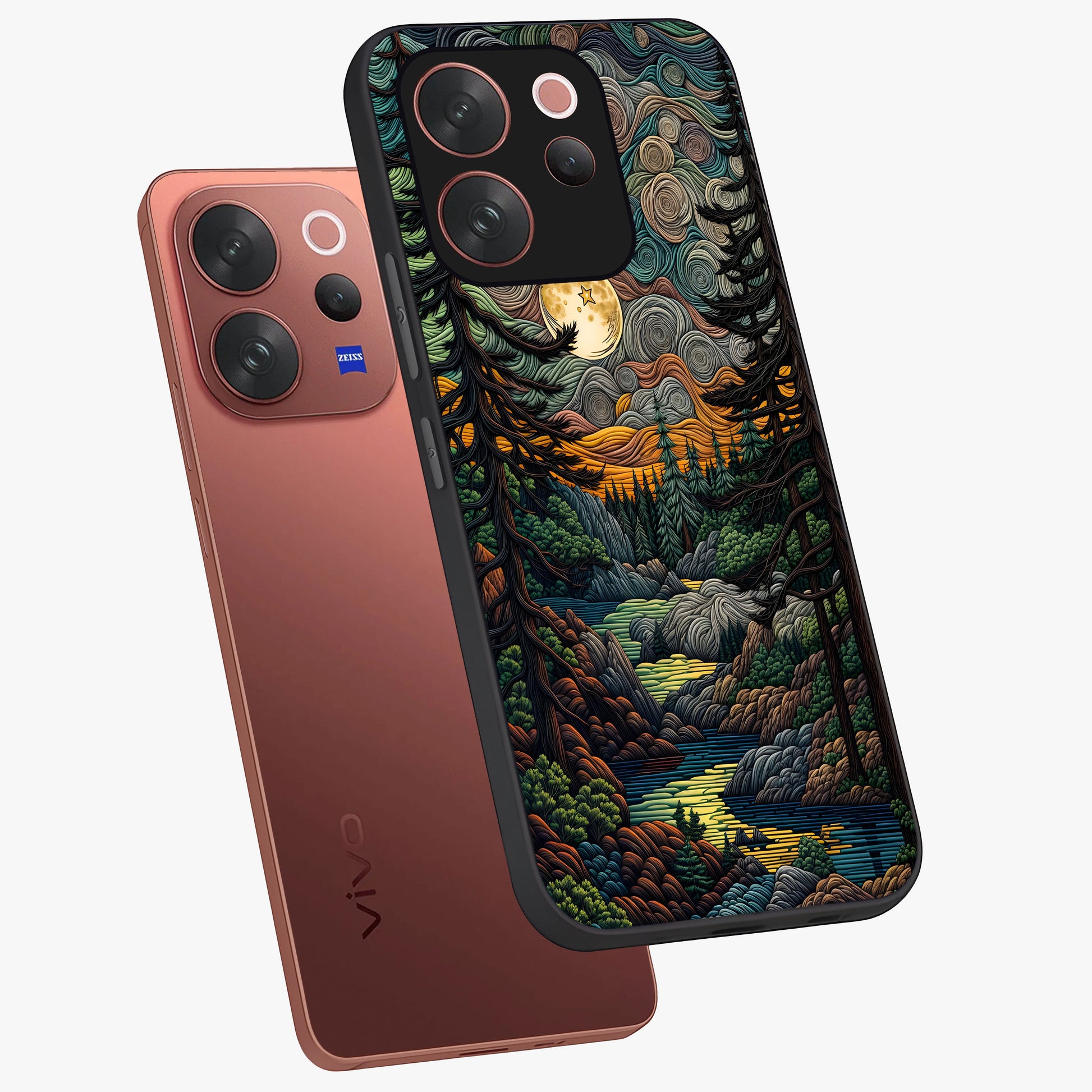 Moonlight Forest Dream Glass Case displayed in angled mockup highlighting dreamy forest design with glowing moon aesthetic.