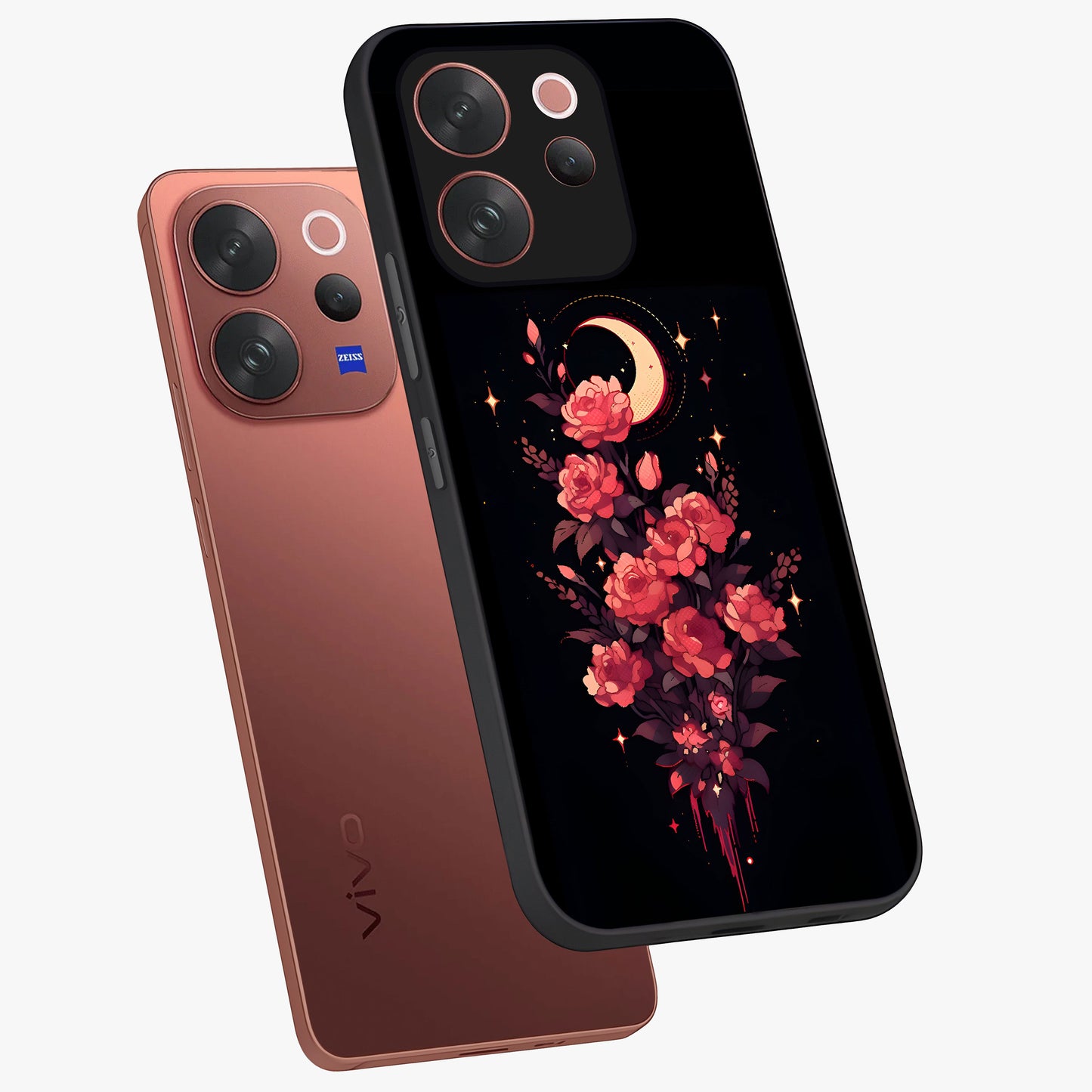 Moonlit Floral Elegance Glass Case displayed in angled mockup highlighting graceful flower design with soft moonlight aesthetic.