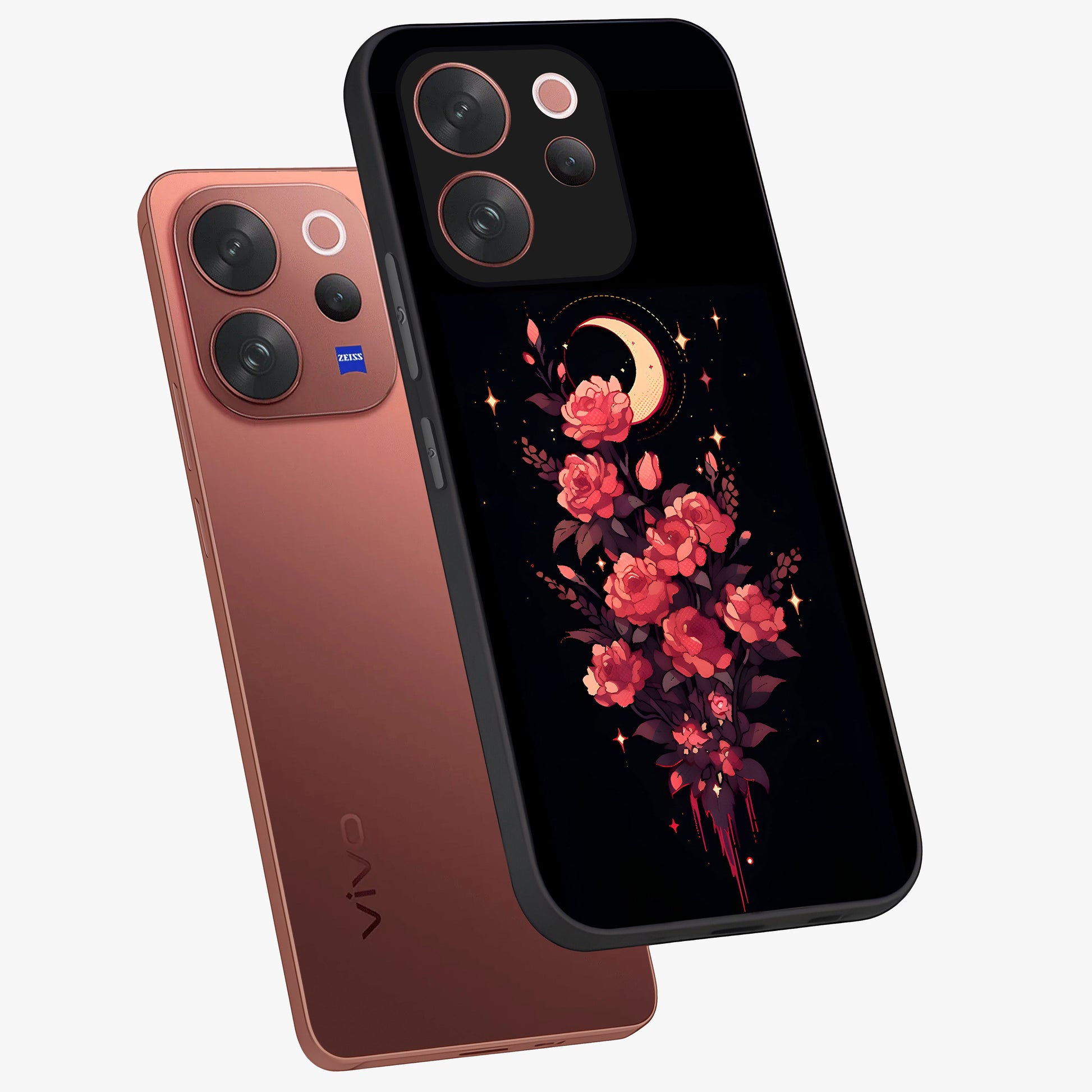 Moonlit Floral Elegance Glass Case displayed in angled mockup highlighting graceful flower design with soft moonlight aesthetic.