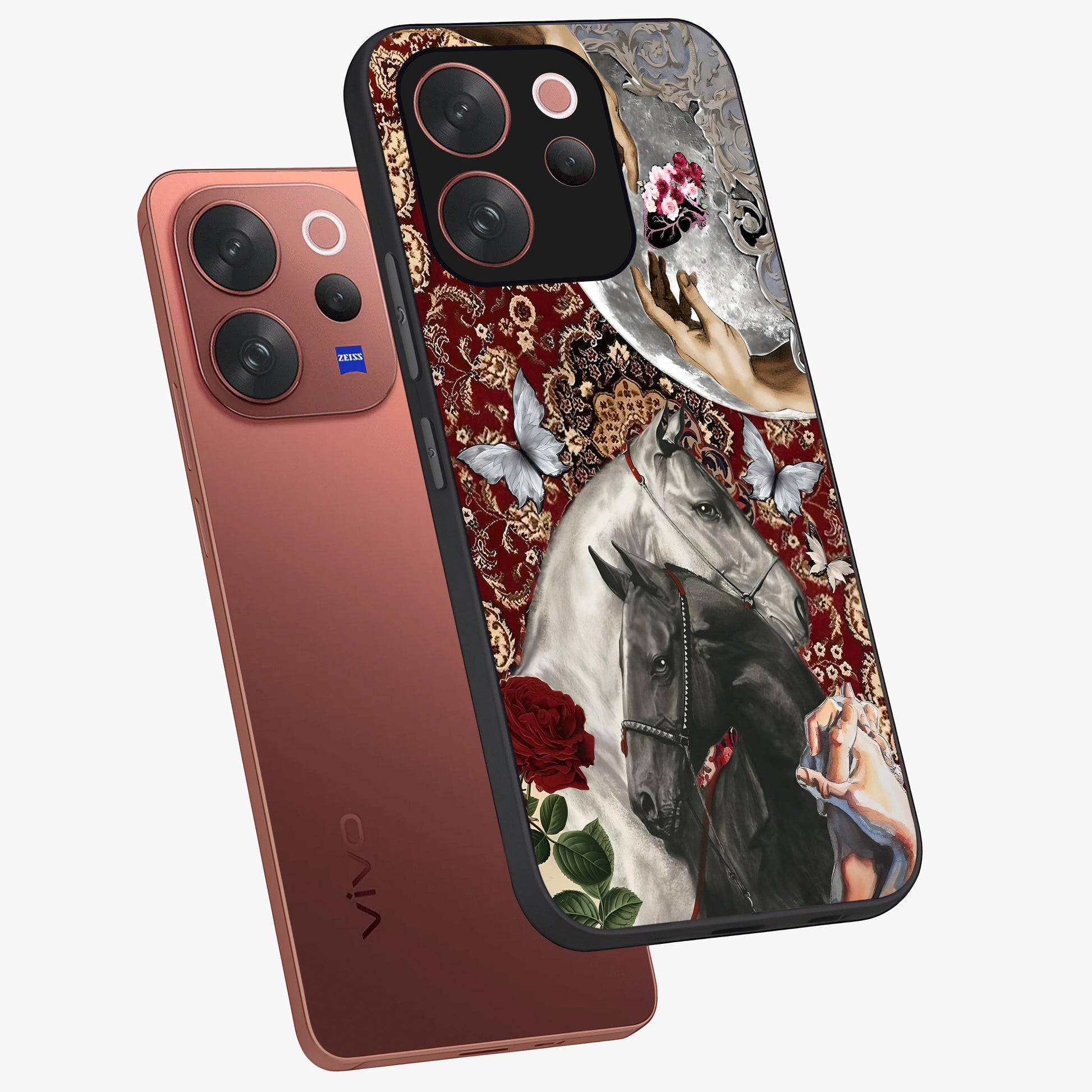 Moonlit Royal Stallion Glass Case displayed in angled mockup highlighting powerful stallion illustration with royal night aesthetic.