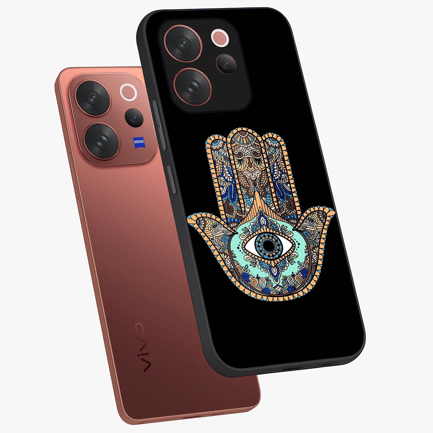 Mystic Hamsa Eye Glass Case displayed in angled mockup highlighting spiritual hamsa symbol with mystical aesthetic style.
