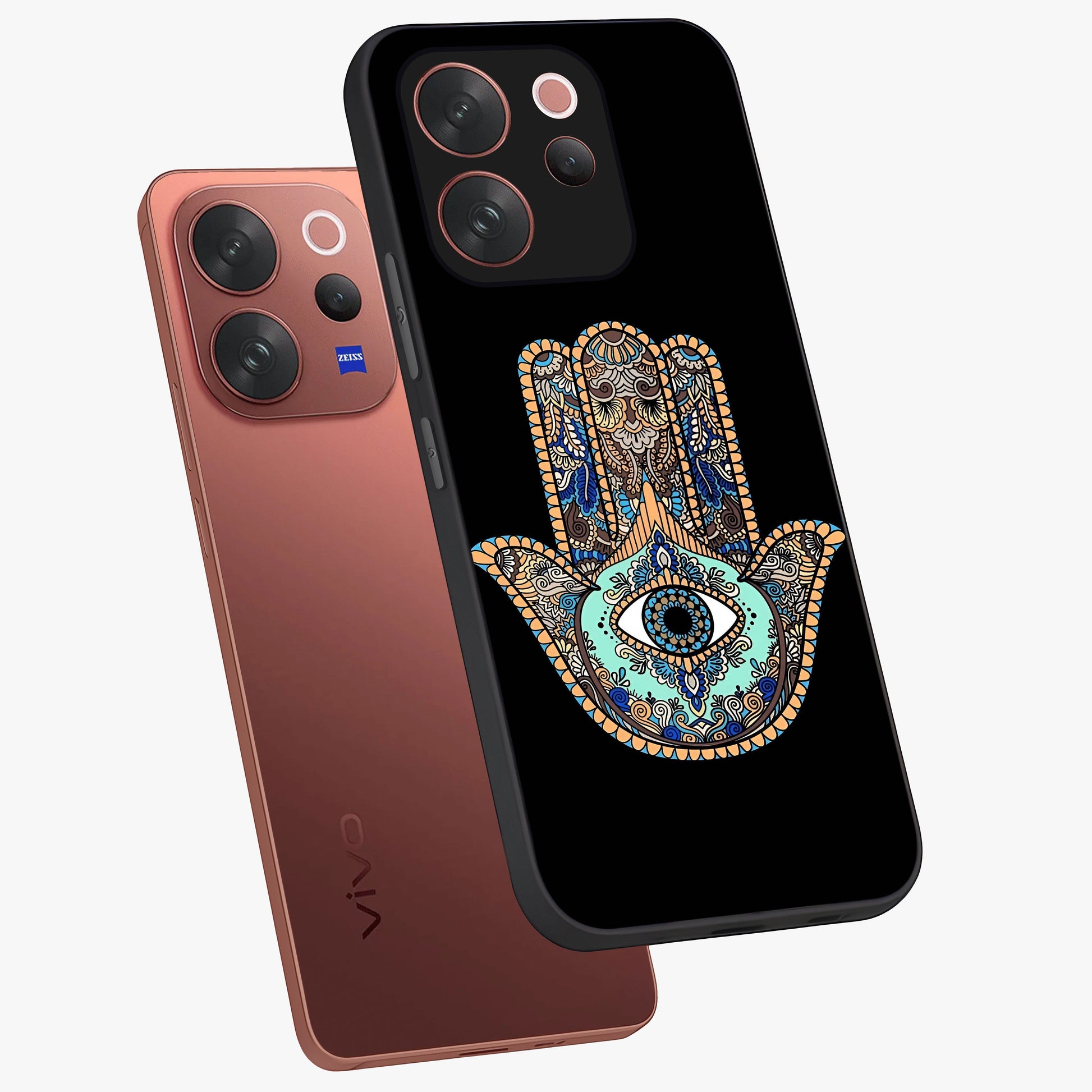 Mystic Hamsa Eye Glass Case displayed in angled mockup highlighting spiritual hamsa symbol with mystical aesthetic style.