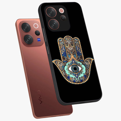 Mystic Hamsa Eye Glass Case displayed in angled mockup highlighting spiritual hamsa symbol with mystical aesthetic style.