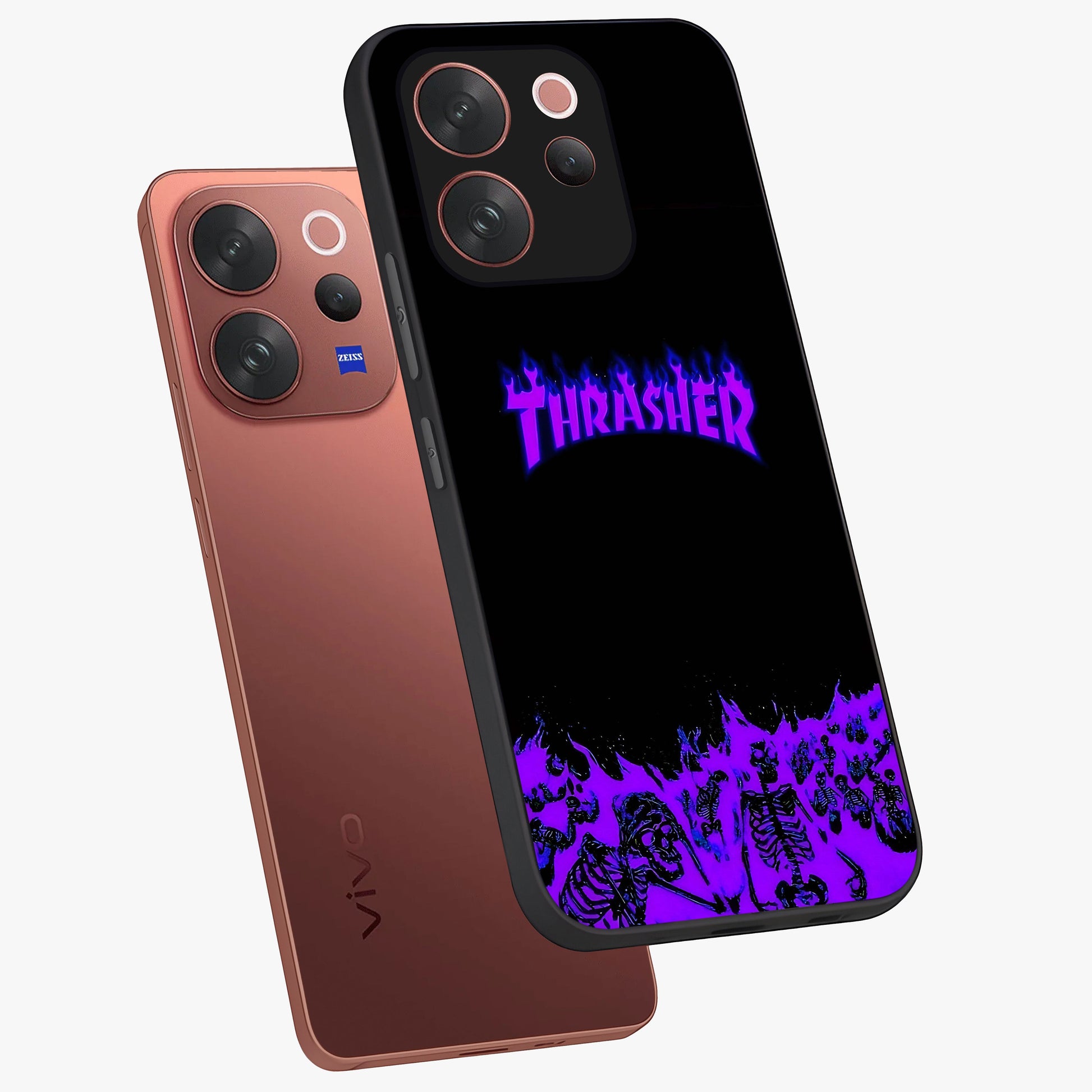 Neon Flame Riot Glass Case displayed in angled mockup highlighting glowing flame design with vibrant neon aesthetic.