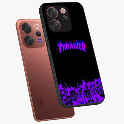 Neon Flame Riot Glass Case displayed in angled mockup highlighting glowing flame design with vibrant neon aesthetic.