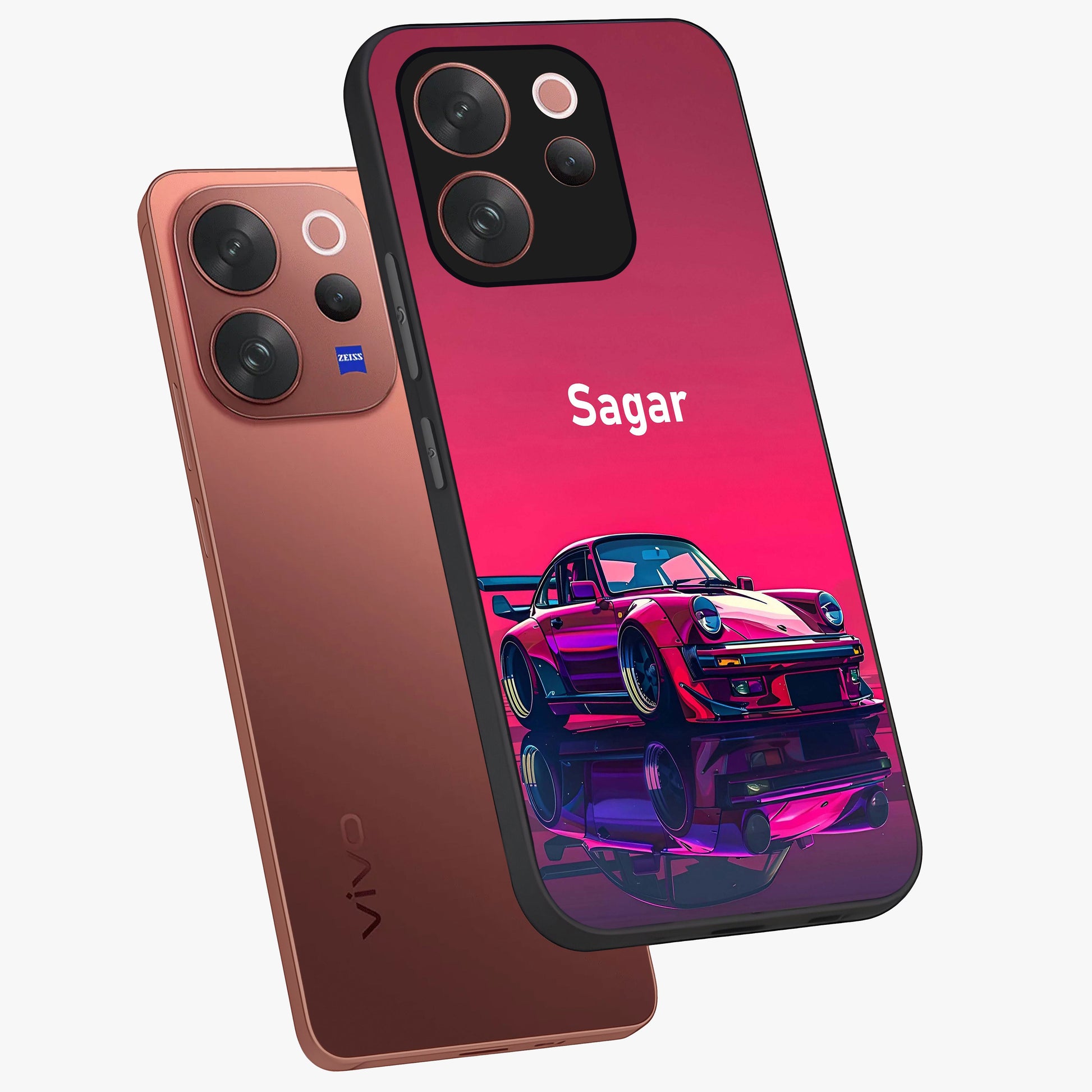 Neon Pink Porsche Glass Case displayed in angled mockup highlighting sleek neon pink car design with racing aesthetic.