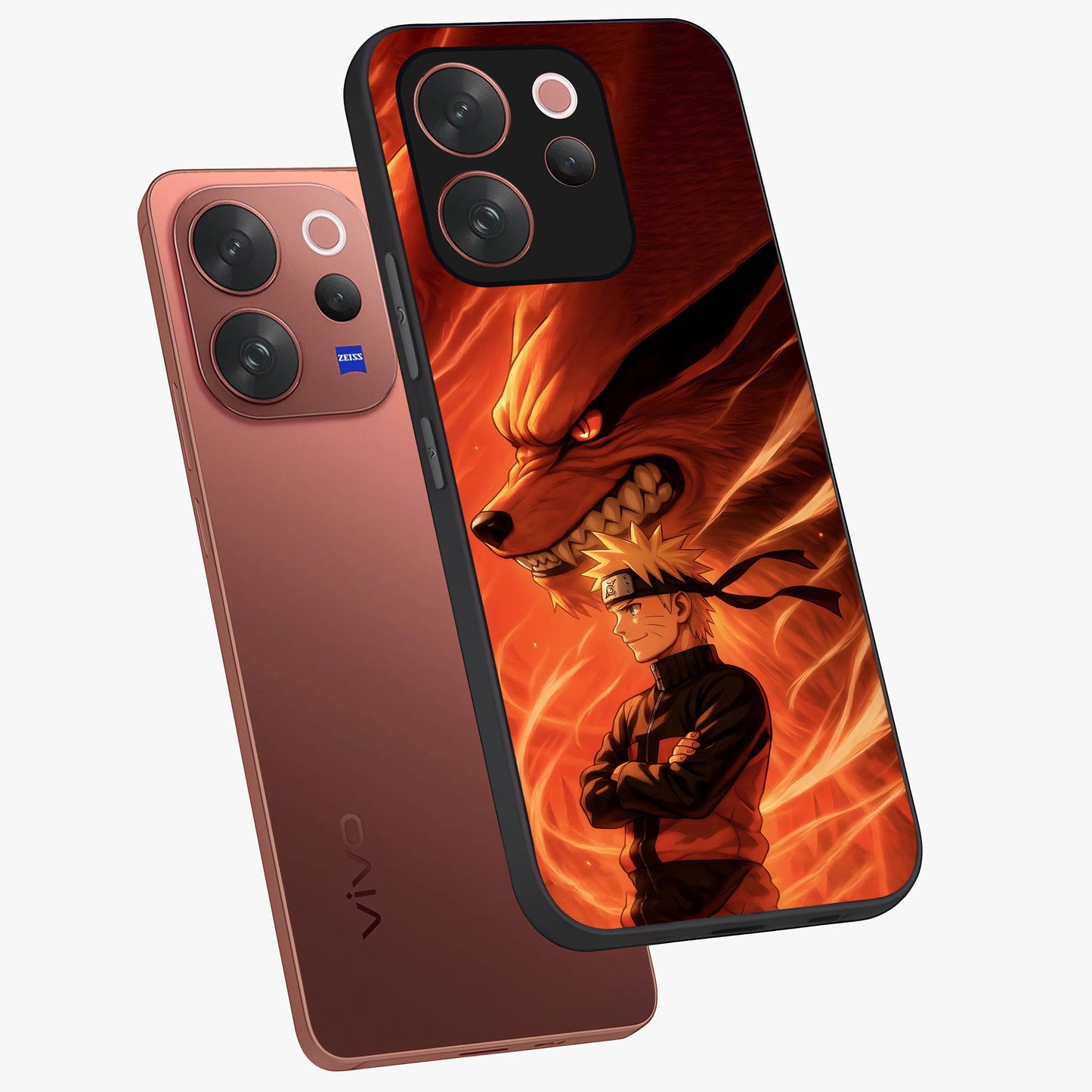 Nine Tails Legacy Glass Case displayed in angled mockup highlighting dynamic anime beast illustration with bold mystical aesthetic.