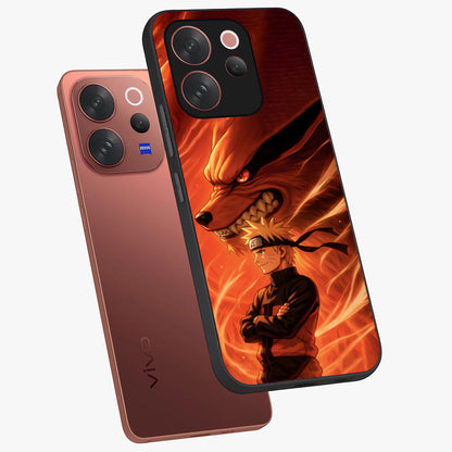 Nine Tails Legacy Glass Case displayed in angled mockup highlighting dynamic anime beast illustration with bold mystical aesthetic.