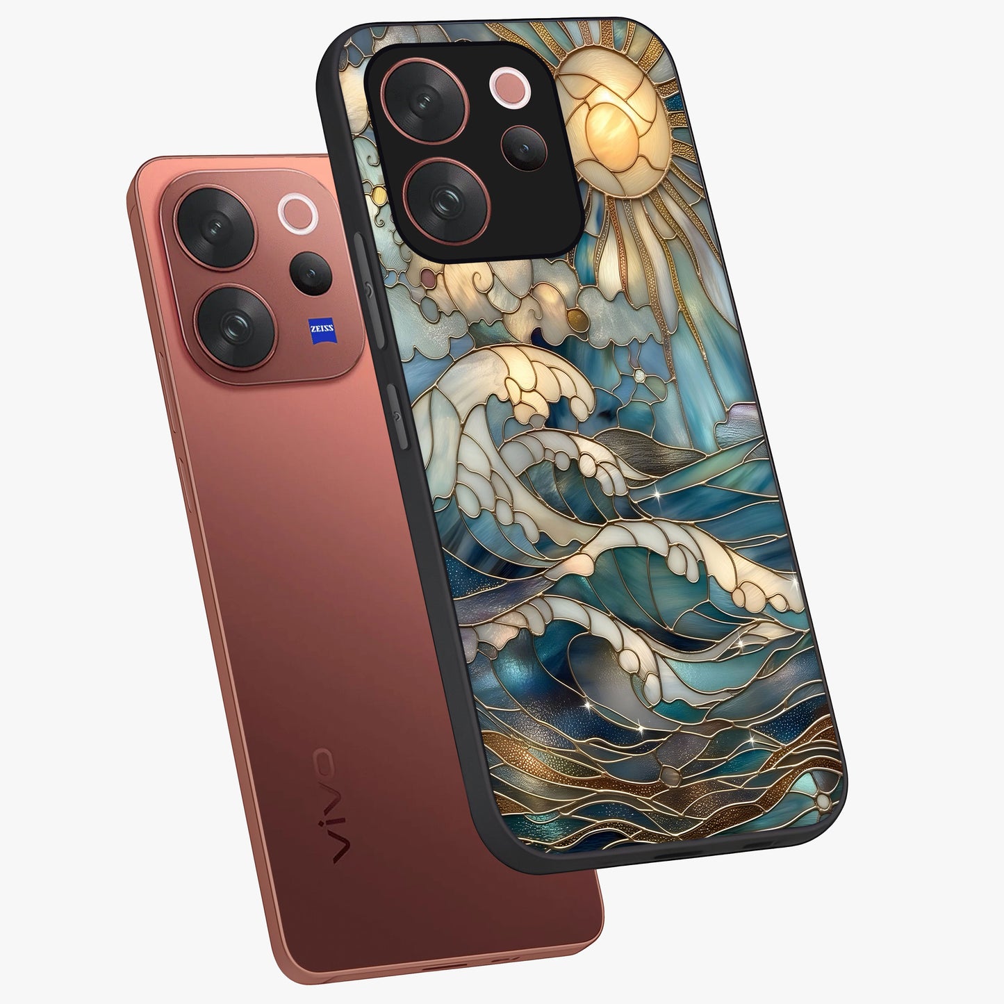 Oceanic Stained Printed Glass Case displayed in angled mockup highlighting colorful aquatic design with artistic aesthetic style.