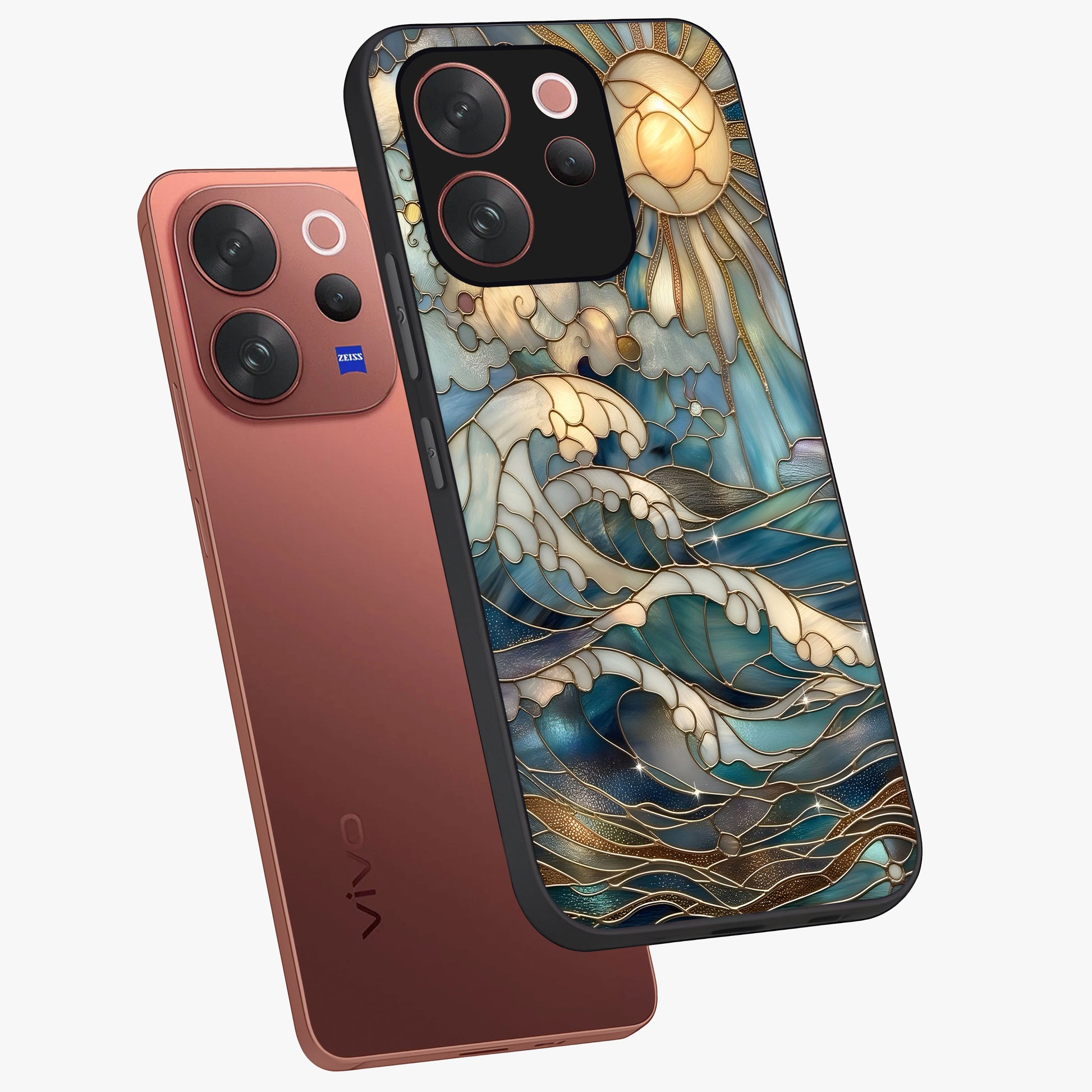Oceanic Stained Printed Glass Case displayed in angled mockup highlighting colorful aquatic design with artistic aesthetic style.