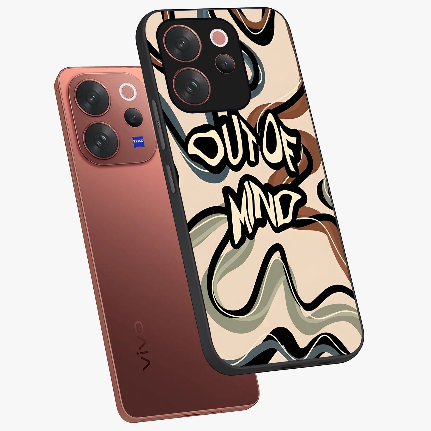 Out Of Mind Glass Case displayed in angled mockup highlighting bold statement design with modern artistic aesthetic.
