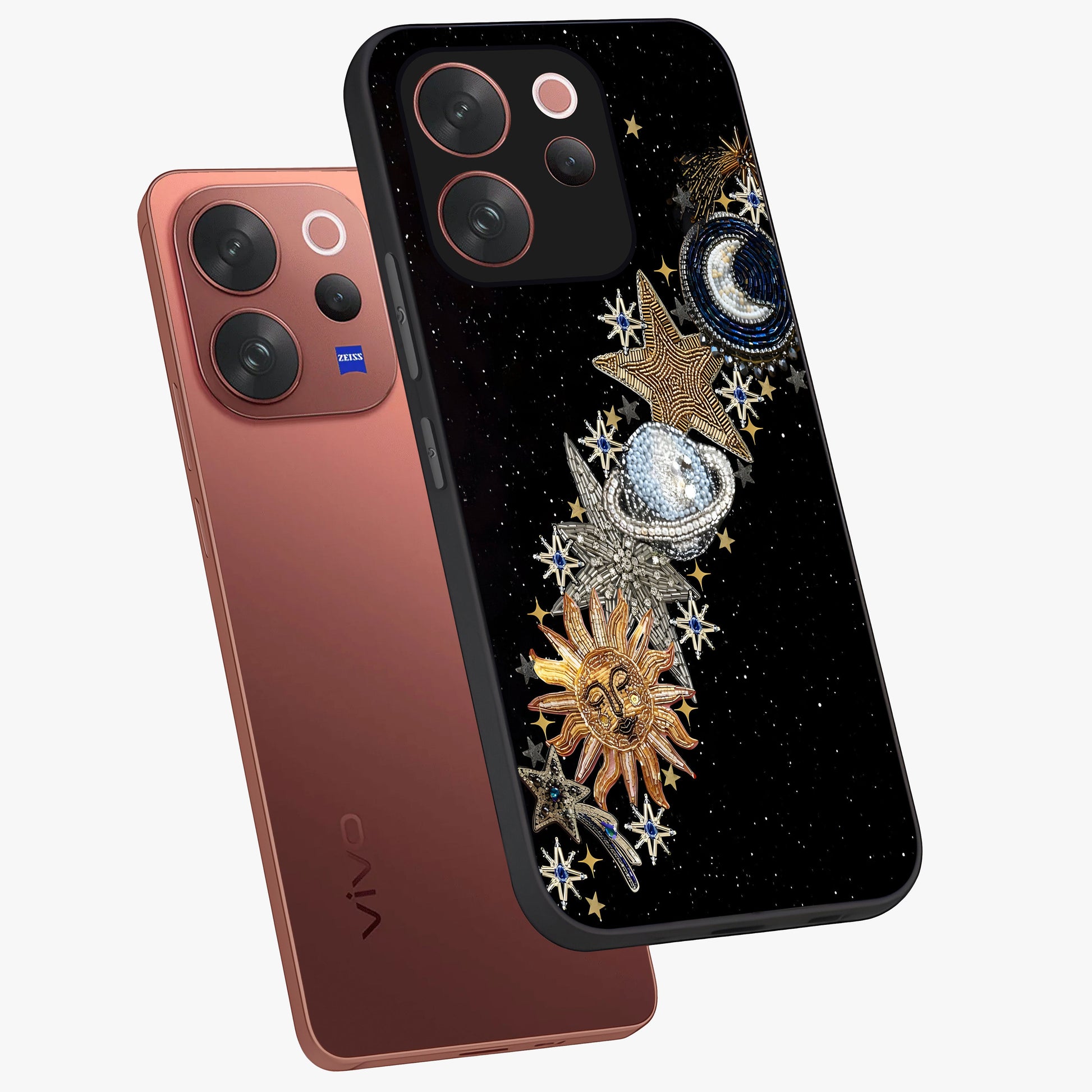Pearls Universe Object Glass Case displayed in angled mockup highlighting celestial pearl design with dreamy aesthetic.