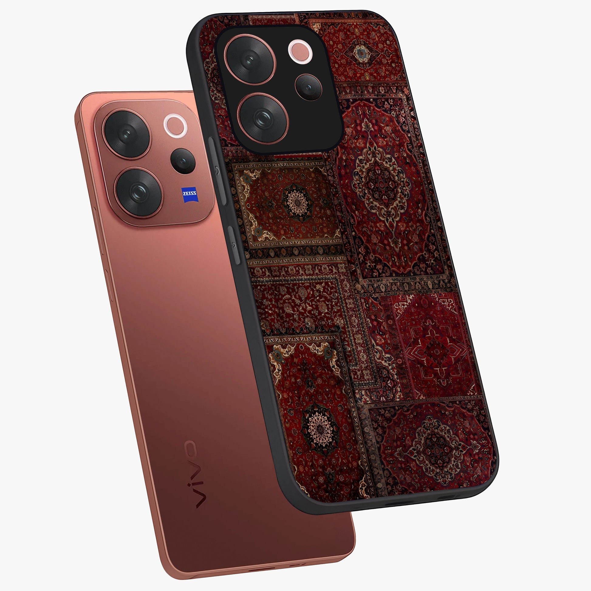 Persian Velvet Tale Glass Case displayed in angled mockup highlighting ornate textile inspired design with royal aesthetic.
