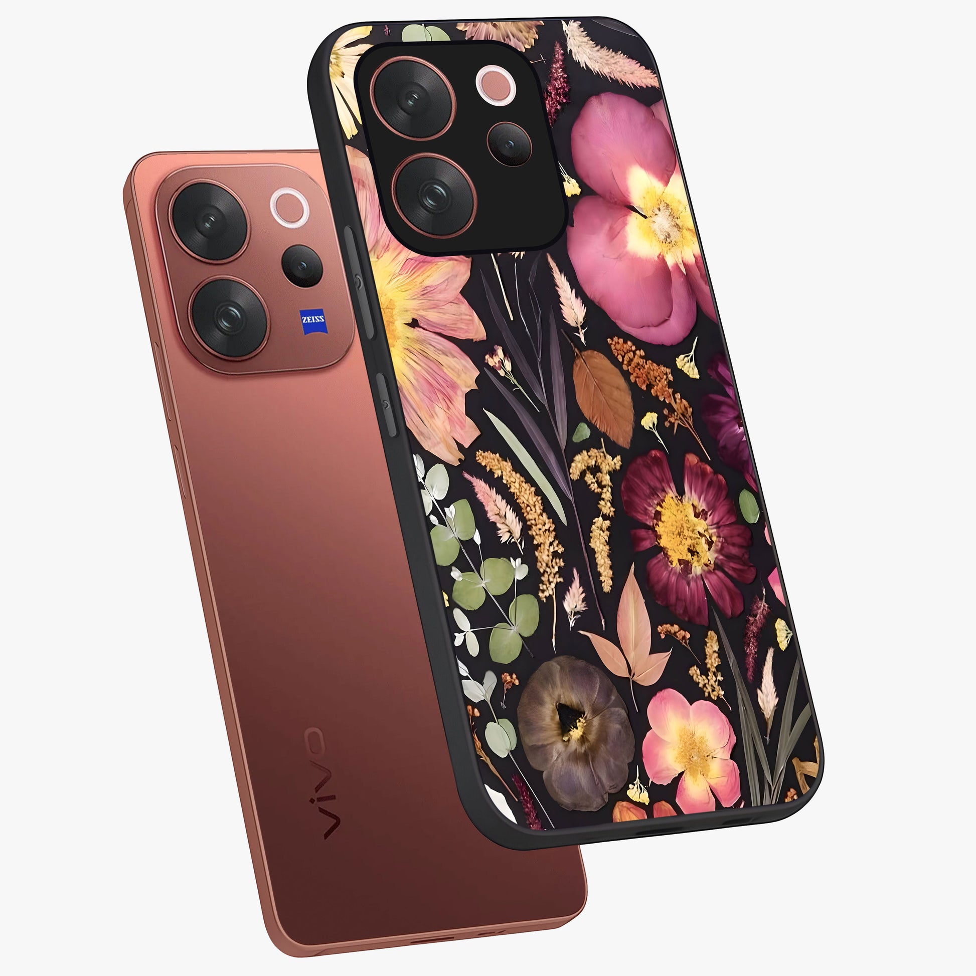 Petal Dream Tapestry Glass Case displayed in angled mockup highlighting decorative petal pattern with elegant botanical aesthetic.
