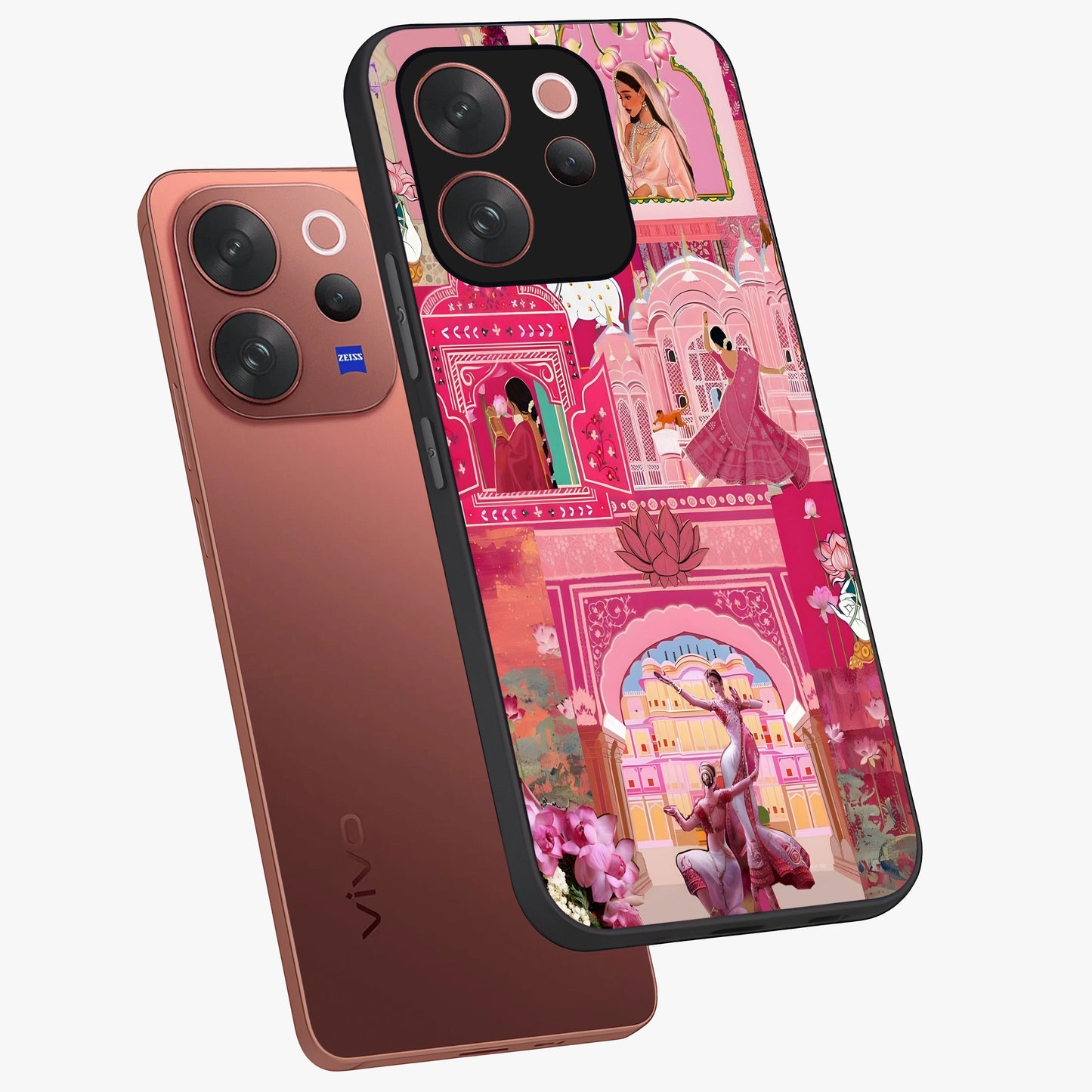 Pink Palace Muse Glass Case displayed in angled mockup highlighting dreamy palace illustration with soft pink aesthetic.
