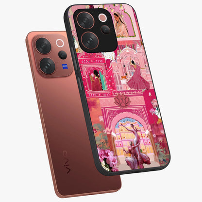 Pink Palace Muse Glass Case displayed in angled mockup highlighting dreamy palace illustration with soft pink aesthetic.