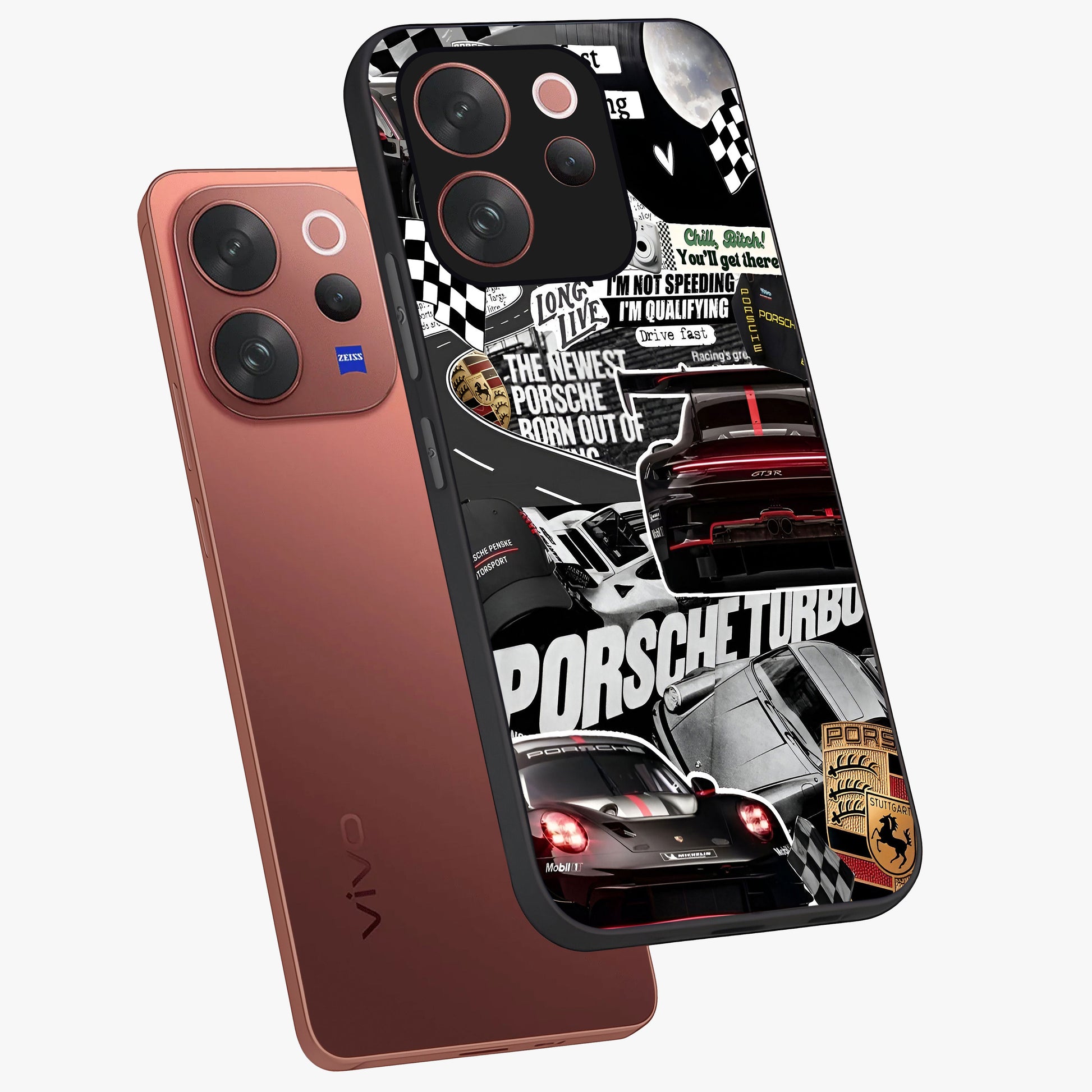 Porsche Racing Collage Glass Case displayed in angled mockup highlighting dynamic automotive design with bold racing aesthetic.