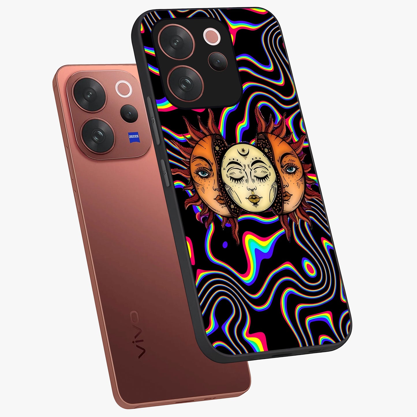 Psychedelic Sun Glass Case displayed in angled mockup highlighting vibrant abstract sun design with artistic aesthetic style.