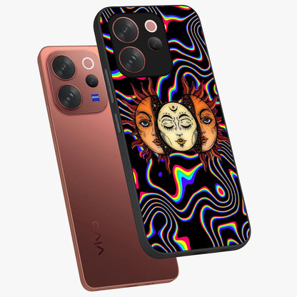 Psychedelic Sun Glass Case displayed in angled mockup highlighting vibrant abstract sun design with artistic aesthetic style.