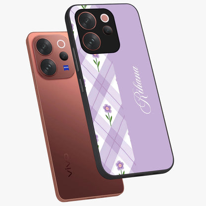 Purple Diamond Floral Glass Case displayed in angled mockup highlighting elegant purple flower design with decorative pattern.