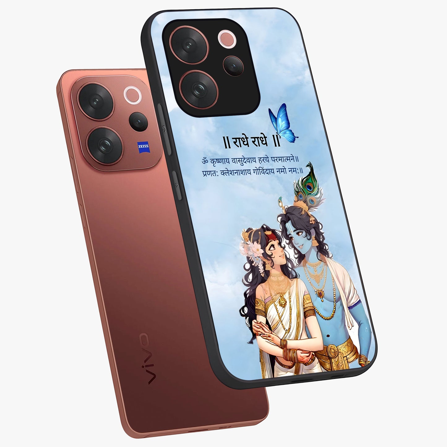Radha Krishna Eternal Glass Case displayed in angled mockup highlighting divine Radha Krishna illustration with spiritual aesthetic.