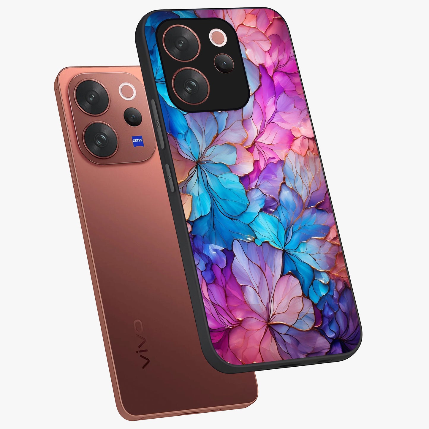 Radiant Floral Whirl Glass Case displayed in angled mockup highlighting vibrant flower pattern with dynamic artistic aesthetic.