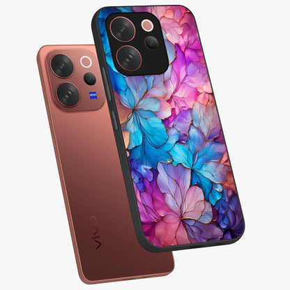 Radiant Floral Whirl Glass Case displayed in angled mockup highlighting vibrant flower pattern with dynamic artistic aesthetic.