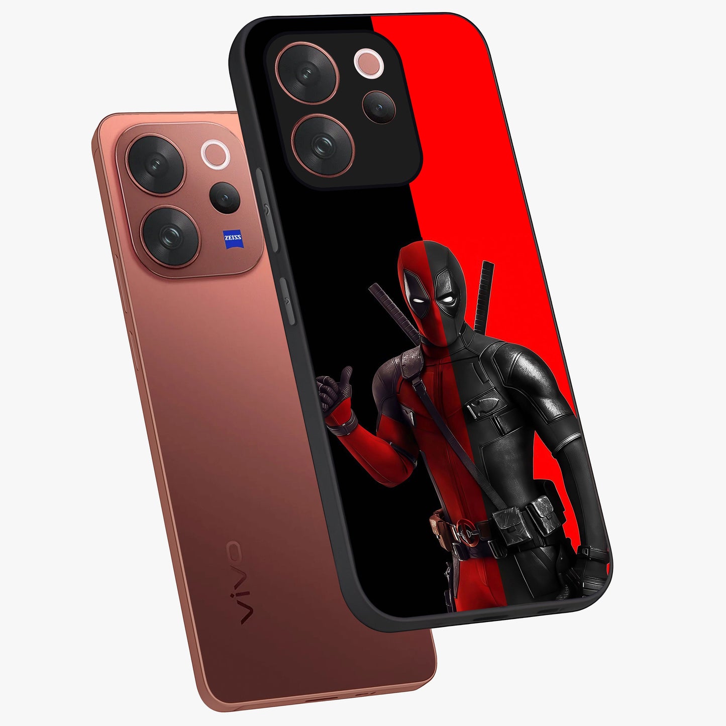 Red & Black Deadpool Theme Glass Case displayed in angled mockup highlighting vibrant superhero style illustration with action aesthetic.