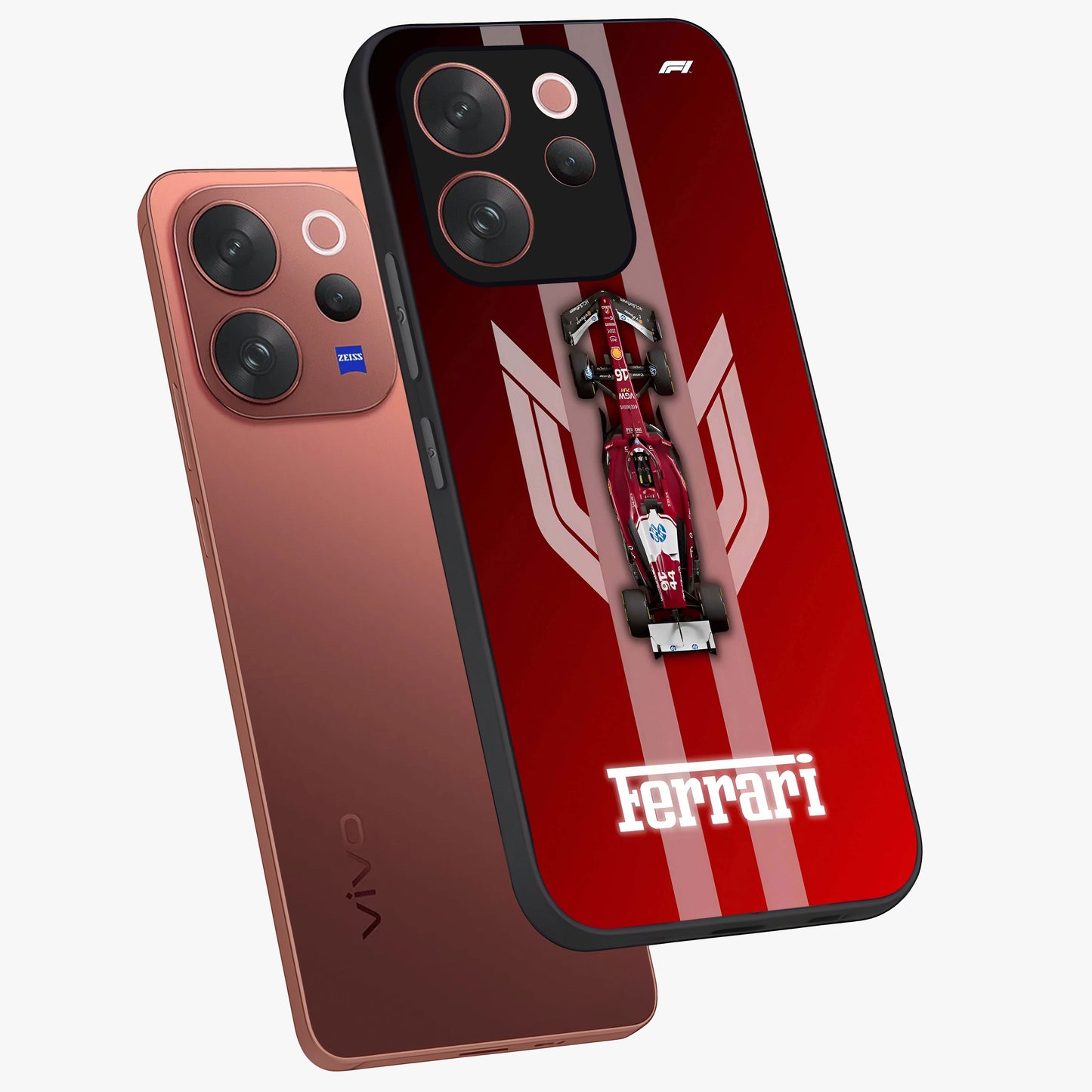 Red Ferrari F1 Vertical Glass Case displayed in angled mockup highlighting high speed racing design with bold automotive aesthetic.
