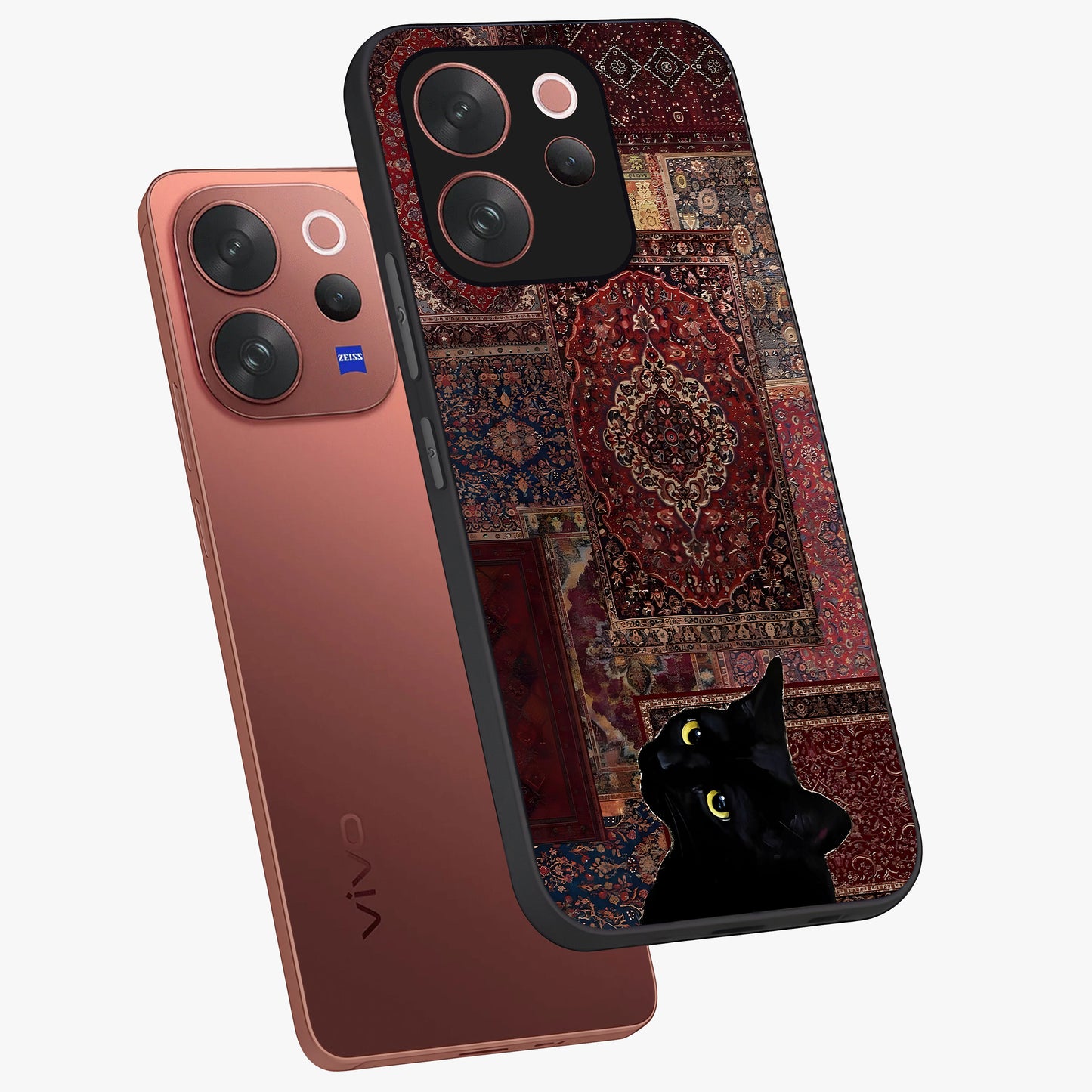 Regal Magic Cat Apple Glass Case displayed in angled mockup highlighting whimsical feline design with fantasy aesthetic.